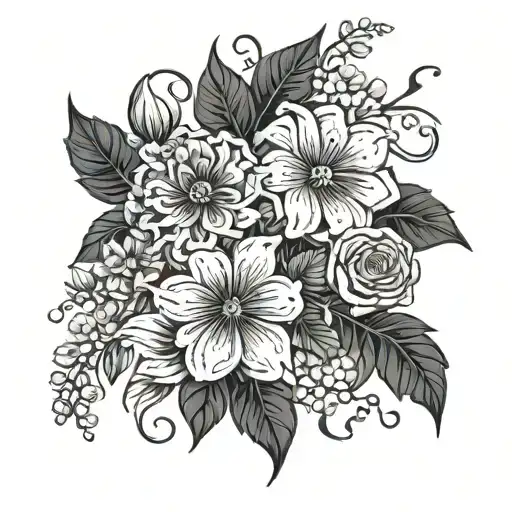 A Bouquet Of Dark-colored Flowers Intertwined With Dates In Roman Numerals
