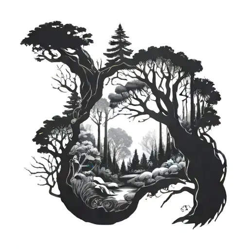 A Mystical Forest Scene With Anime Characters Hidden Within The Trees