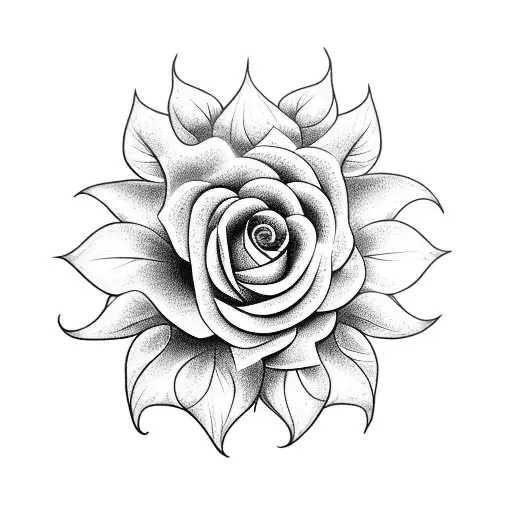 A Blackwork Tattoo Of A Rose And Sunflower Growing Together