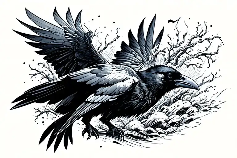 Raven Diving Towards The Ground