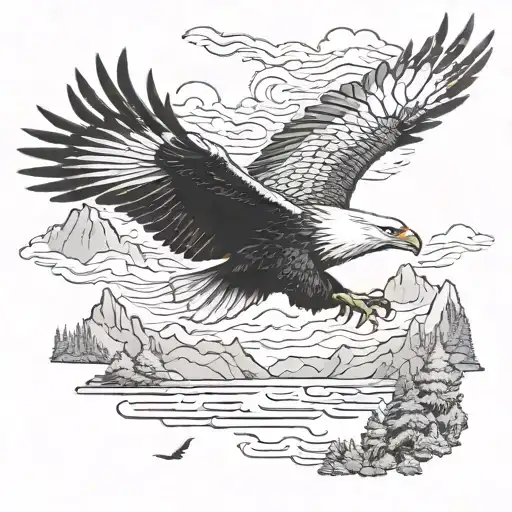 A Majestic Eagle Soaring Above A Serene River Surrounded By Lush Woods And Mountains
