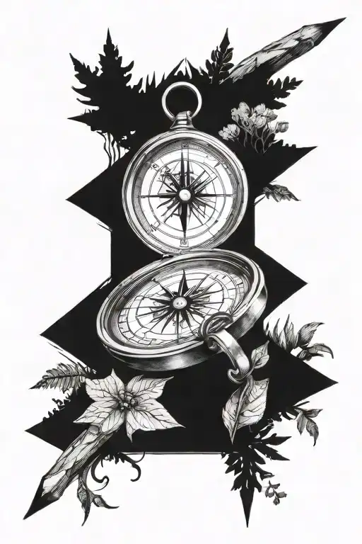 Pencil Drawing A Compass Intertwined With A Forest