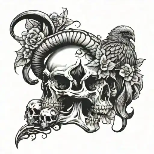 Aries Skull With Snake And Hunting Birds Perched