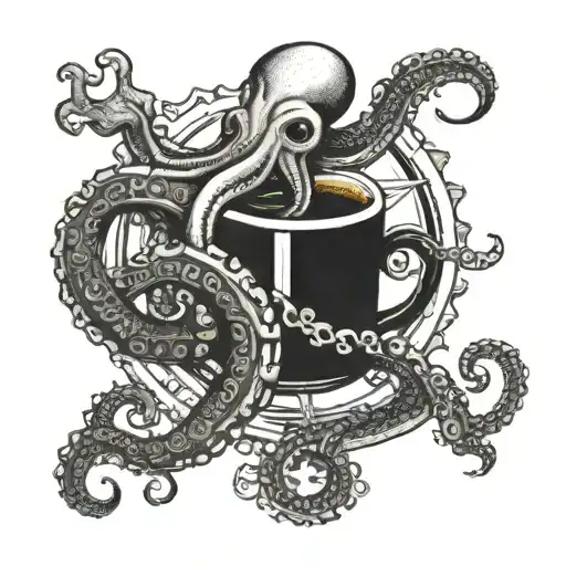 An Octopus Wrapping Its Tentacles Around A Coffee Cup And A Ship's Wheel