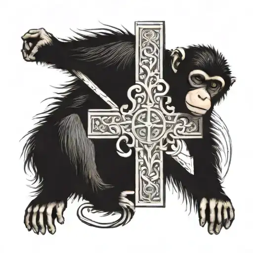 Christian Cross With A Monkey Resting On It