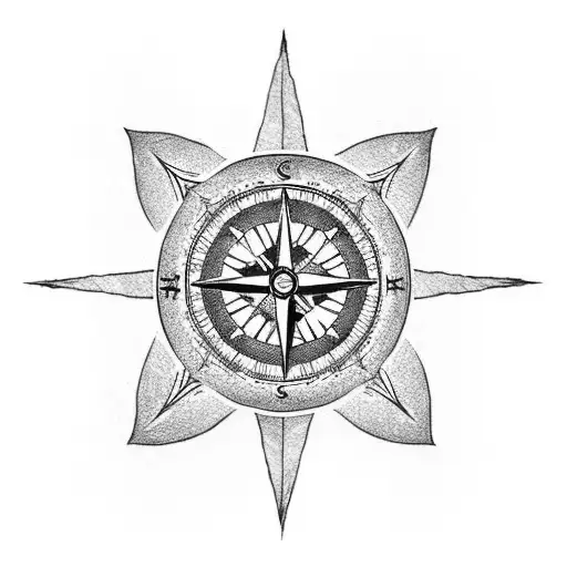 A Detailed Blackwork Tattoo Of A Voyageur Sailing On A Ship With A Naruto-inspired Compass In Hand