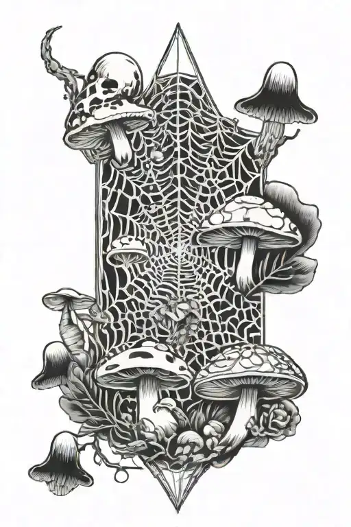 Spider Web And Mushrooms