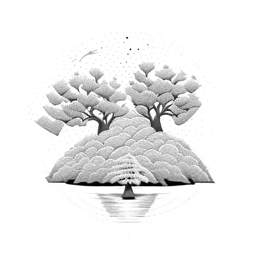 Half Willow Tree Half Pine Tree With Geometric Shapes And Stars