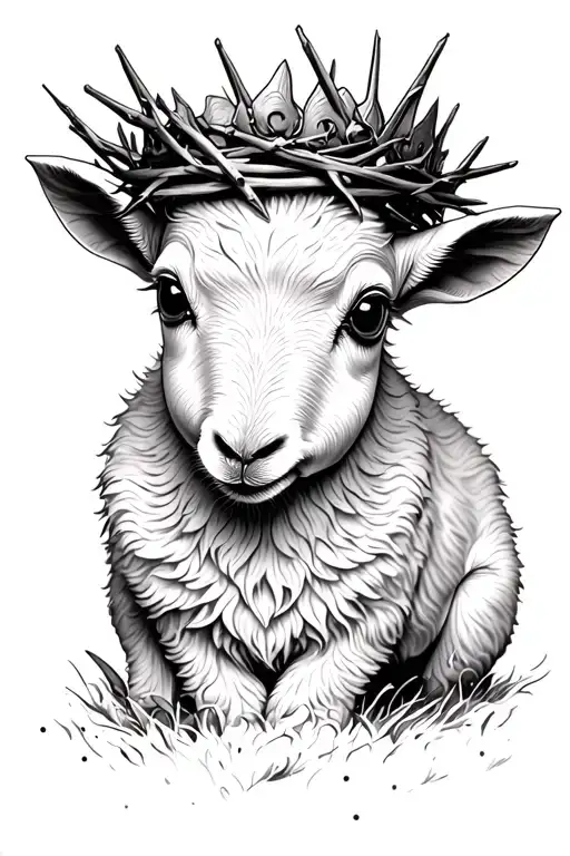 A Detailed Blackwork Tattoo Of A Baby Lamb Wearing A Crown Of Thorns