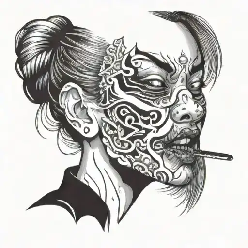 A Half-zombie Woman With Samurai Temple In Her Mouth