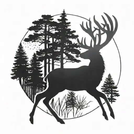 A Silhouette Of A Deer In A Forest With A Fishing Rod Integrated Into The Design