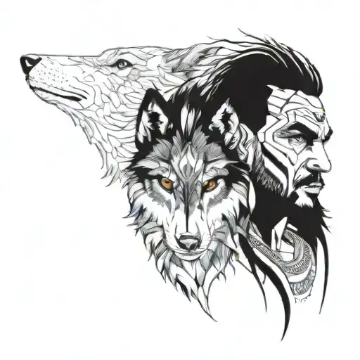 Indian Male Portrait And Wolf Head Beside