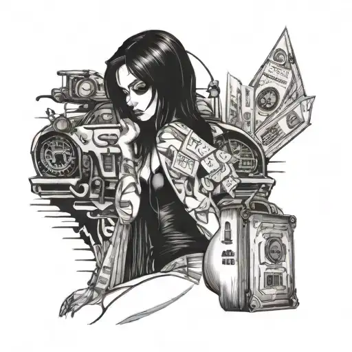 A Sexy Gothic Nude Girl Holding A Bag Of Money With A Street Race Car In The Background