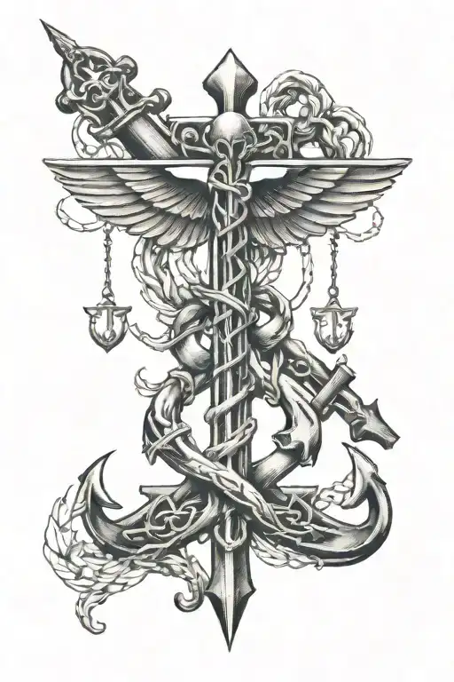 Caduceus Symbol And Crossed Anchors