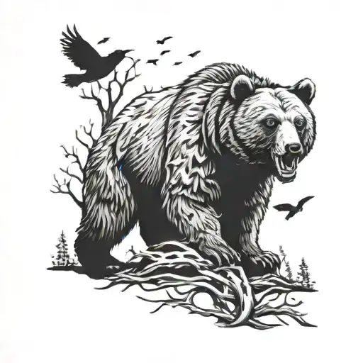 Grin Of A Bear In A Forest With Crows