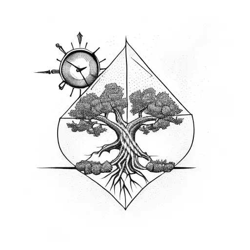 A Majestic Tree With Roots Forming A Triangle And An Old Clock In The Trunk