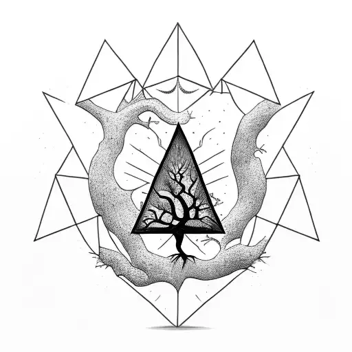 A Majestic Tree With Roots Forming A Triangle And An Old Clock In The Trunk