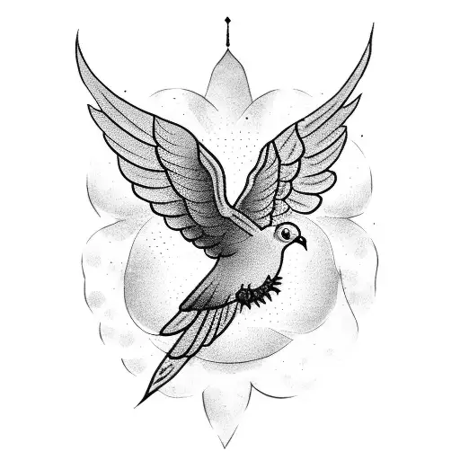 A Blackwork Tattoo Of A Dove Carrying The Aramaic Script Of 'Yhwh'