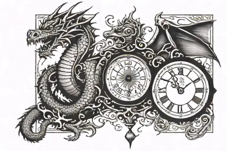 Dragon Tattoo And Vintage Clock Surrounded