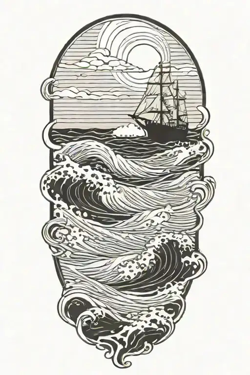 Ocean Waves With Ship Sailing Through Stormy