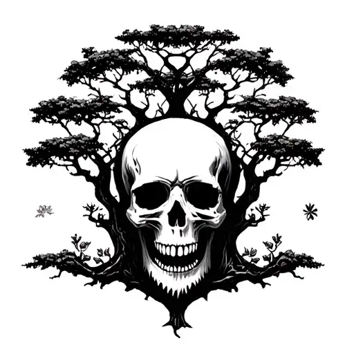 A Skull With A Tree Growing Around It And One Small Flower On The Tree In Color