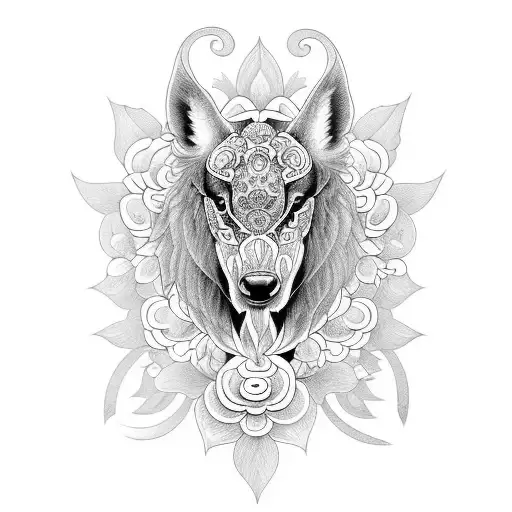 A Black-grey Tattoo Of A Mystical Animal Surrounded By Psychedelic Flowers