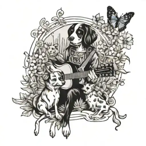 A Playful Design Of A Dog And Grandkids Playing Music Together In A Whimsical Garden Setting
