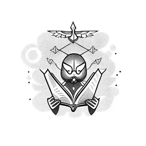 A Valorant Character Holding A Book With Educational Symbols In Blackwork Style