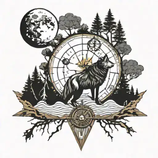 Wolf And Compass With Hills Trees