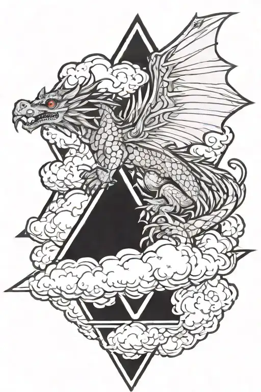 A Symmetrical Dragon Flying Through Clouds With A Triangle