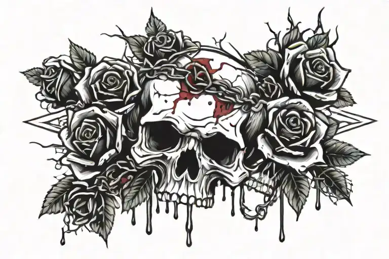 Skull And Roses With Barbed Wire And Drops Of Blood Dripping