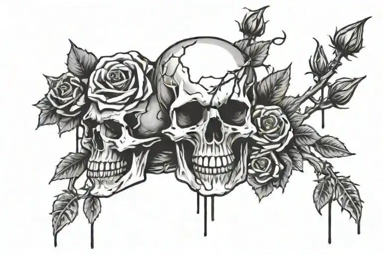 Skull And Roses With Barbed Wire And Drops Of Blood Sweat And Tears