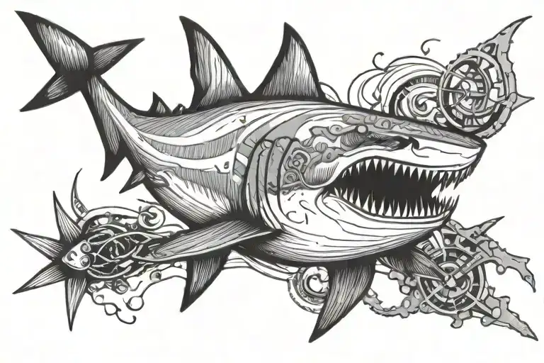 Shark Outline With Nautical Scene Inside Shark Outline