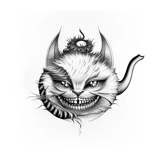 A Surreal Blackwork Tattoo Of The Cheshire Cat Blending Into A Teapot