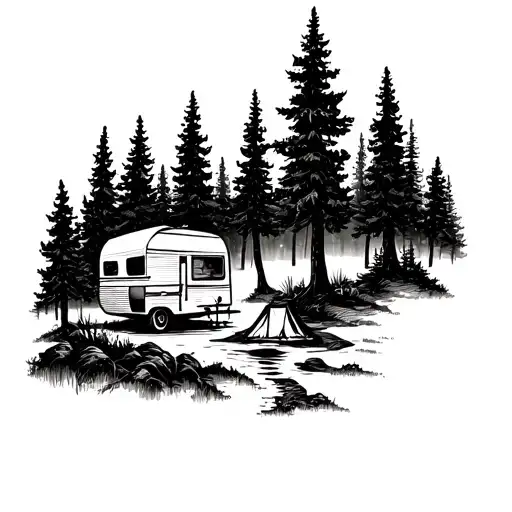 A Detailed Blackwork Tattoo Of A Serene Forest Scene With A Hidden Camper In The Background