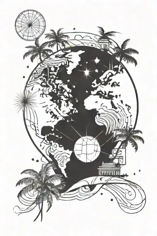 The World Is Yours With The Globe And Fireworks And Palm Trees And Runway