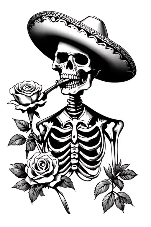 Sad Mariachi Skeleton Skull Biting A Rose