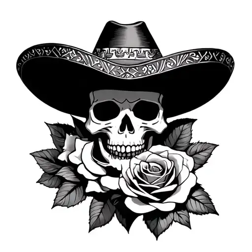 Sad Mariachi Skeleton Skull Biting A Rose
