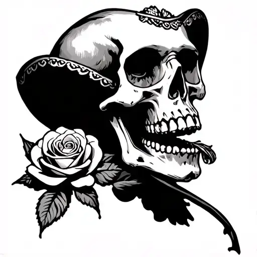 Sad Mariachi Skeleton Skull Biting A Rose