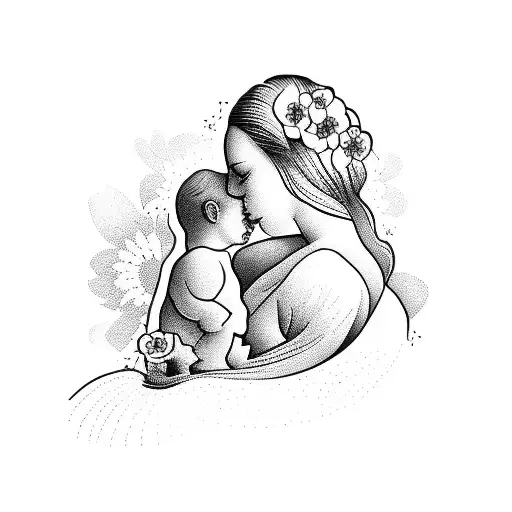 A Silhouette Of A Mother And Child Surrounded By Blooming Flowers