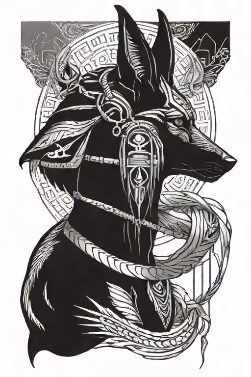 Anubis Standing With Raven On Shoulder Looking In The Distance