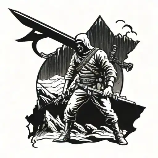 Darkening Against The Backdrop Of Mountains With The Brand Of A Suicide Bomber And A Black Swordsman