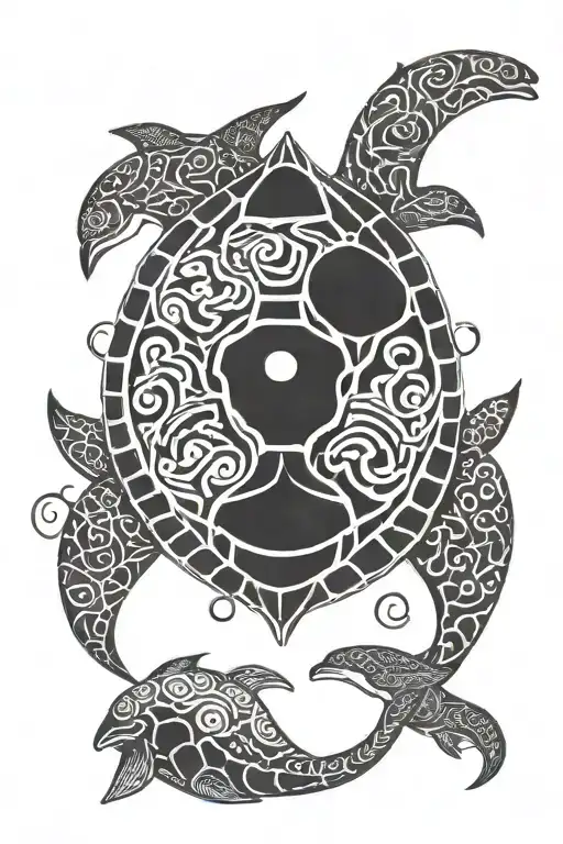 Tribal Turtle With Dolphin In The Shell Pattern
