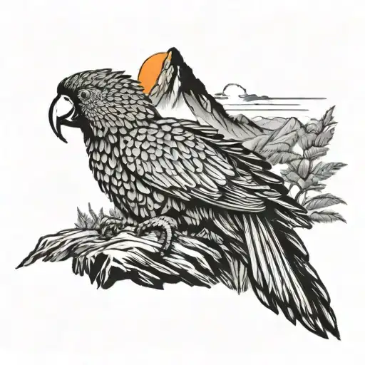 A Majestic Parrot Perched On Top Of A Mountain Peak With A Rising Sun In The Background