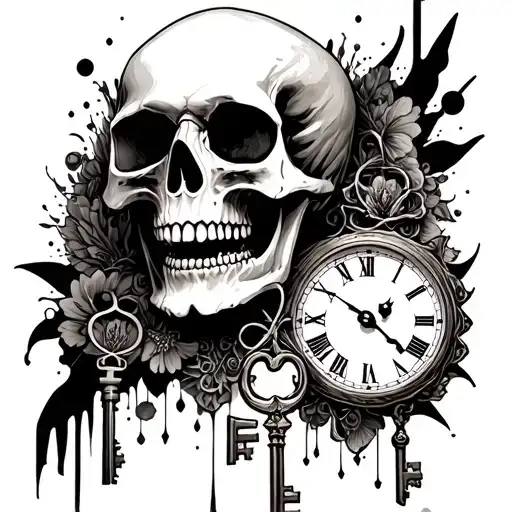 Skull With Keys And Clock Surrounded