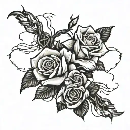 A Sleeve Tattoo Featuring Barbed Wire And Rose Vines Intertwined With Diamonds