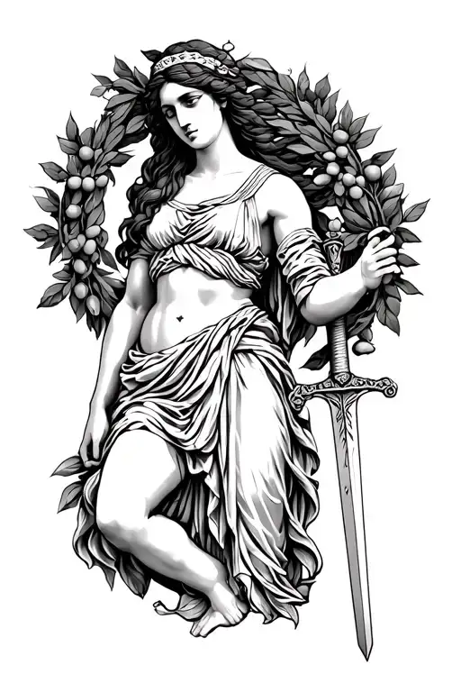 Greek Goddess Nike Holding A Sword And Olive Wreath
