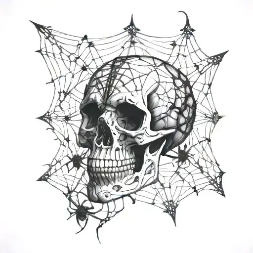 A Skull With Intricate Spider Webs And Wasps Surrounding It