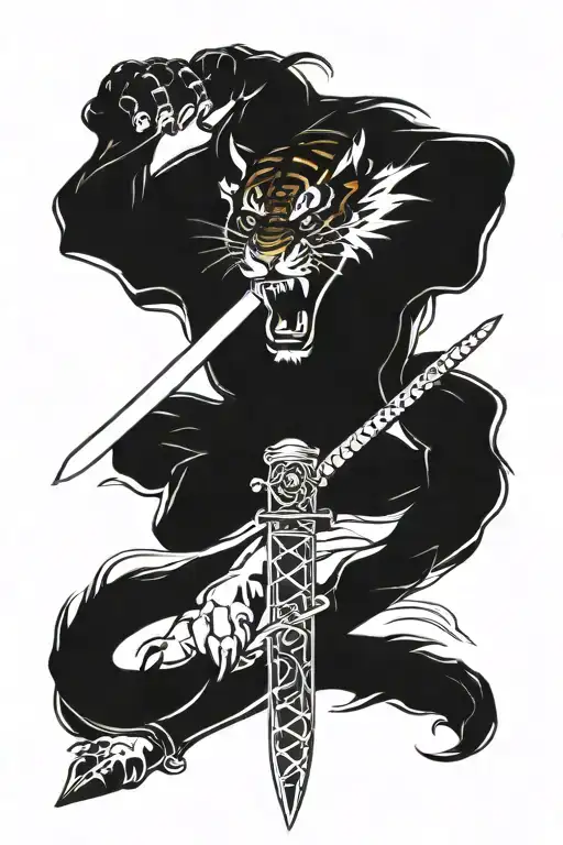 Tiger Face With Katana Sword Between His Teeth Claws