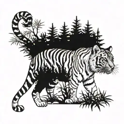 A Tiger Blending Into A Dense Forest Background